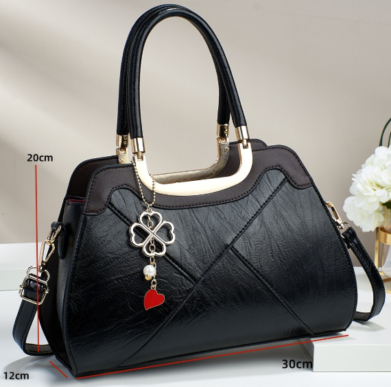Large Turnstitching Leather HandBag with Clover Charm & Detachable Strap Khaki