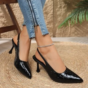Casual Black Crocodile Patent Slingback Heels