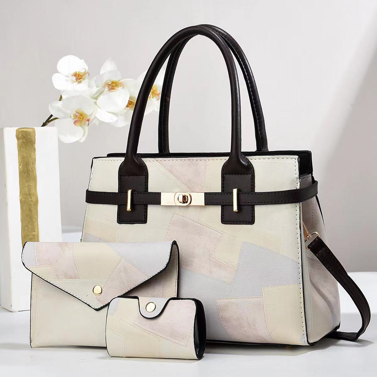 Three-Piece Splicing Design Large Women's Shoulder Handbag Offwhite