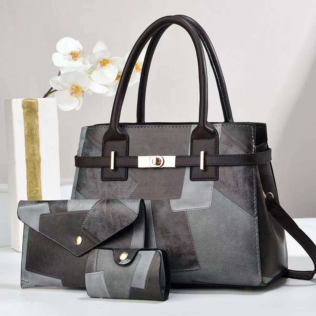 Three-Piece Splicing Design Large Women's Shoulder Handbag Black