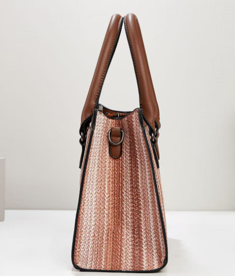 Elegant Woven Striped Fabric Large 2-Piece Handbag Set Pink