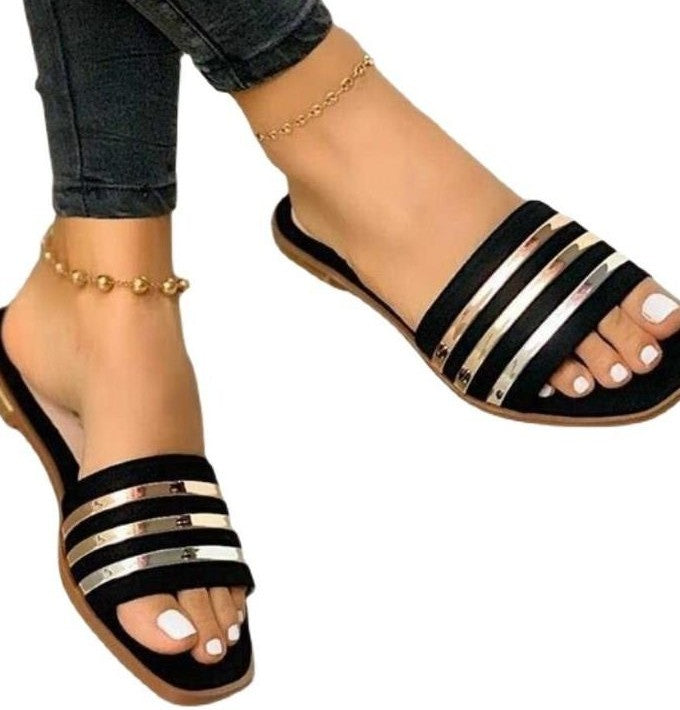 Plus Size Flat Beach Slippers For Ladies Black