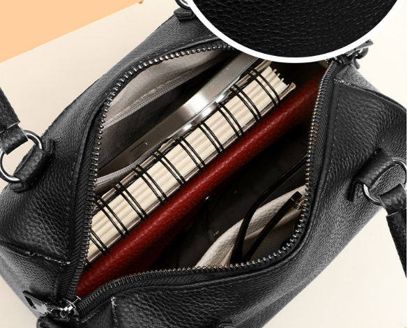 Elegant Small Black Pebbled Leather Boston Bag