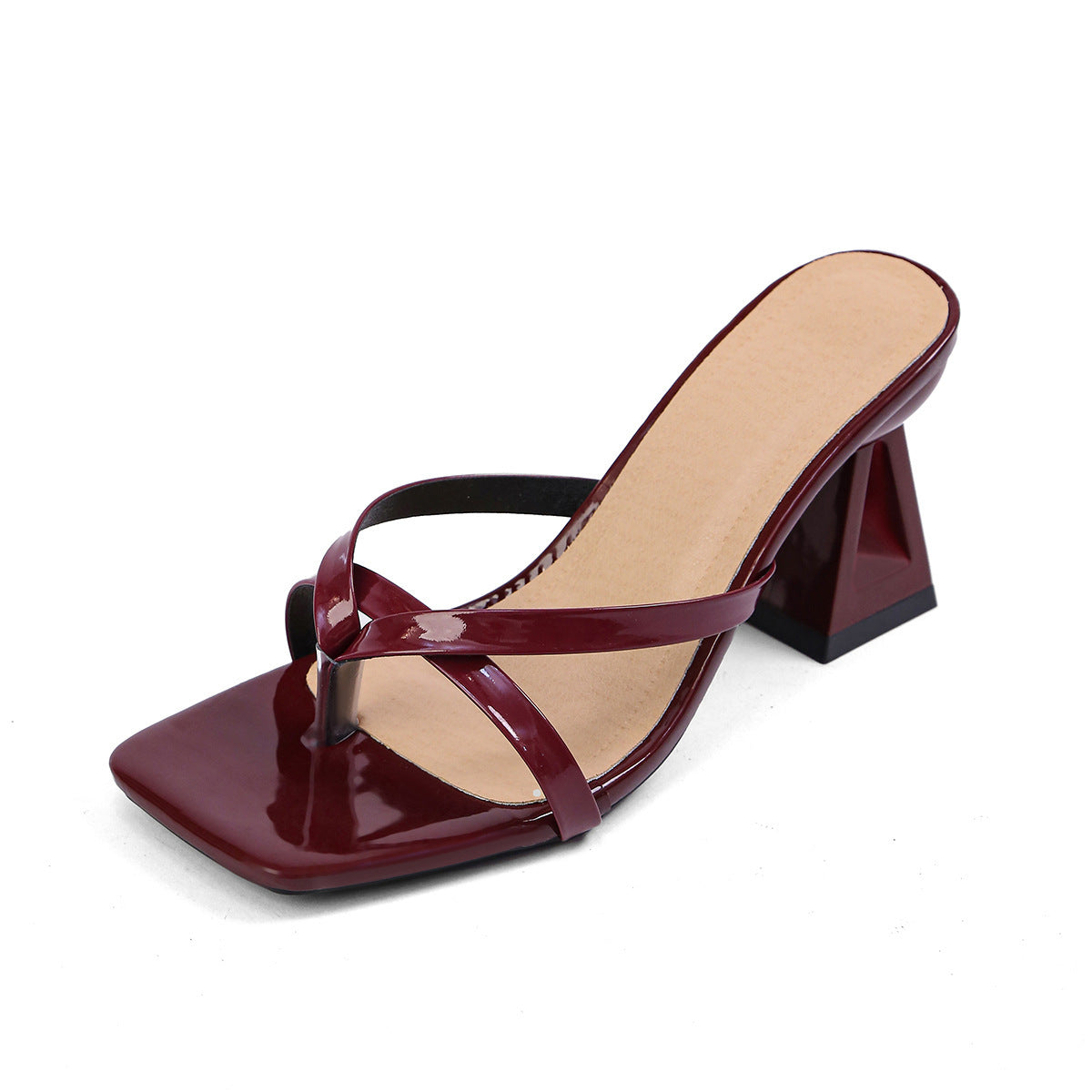 European & American Fashion Square Toe Patent Sandals Wine Red