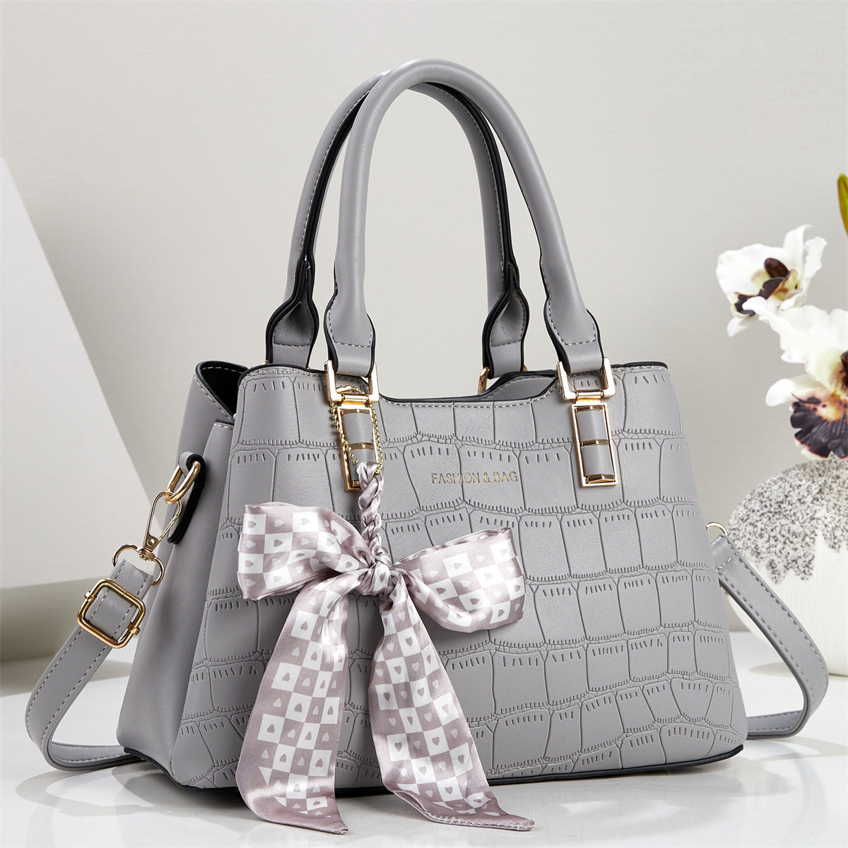 Elegant Large Grey Stone Pattern Handbag Grey
