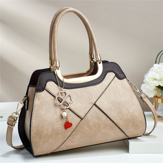 Large  Turnstitching Leather HandBag with Clover Charm & Detachable Strap Khaki