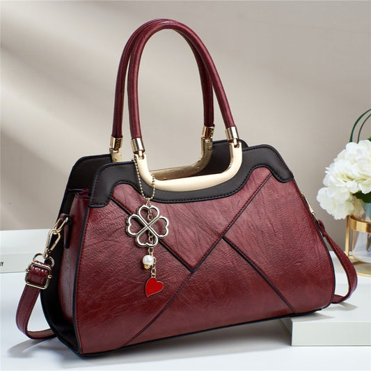 Large Turnstitching Leather HandBag with Clover Charm & Detachable Strap Maroon Red