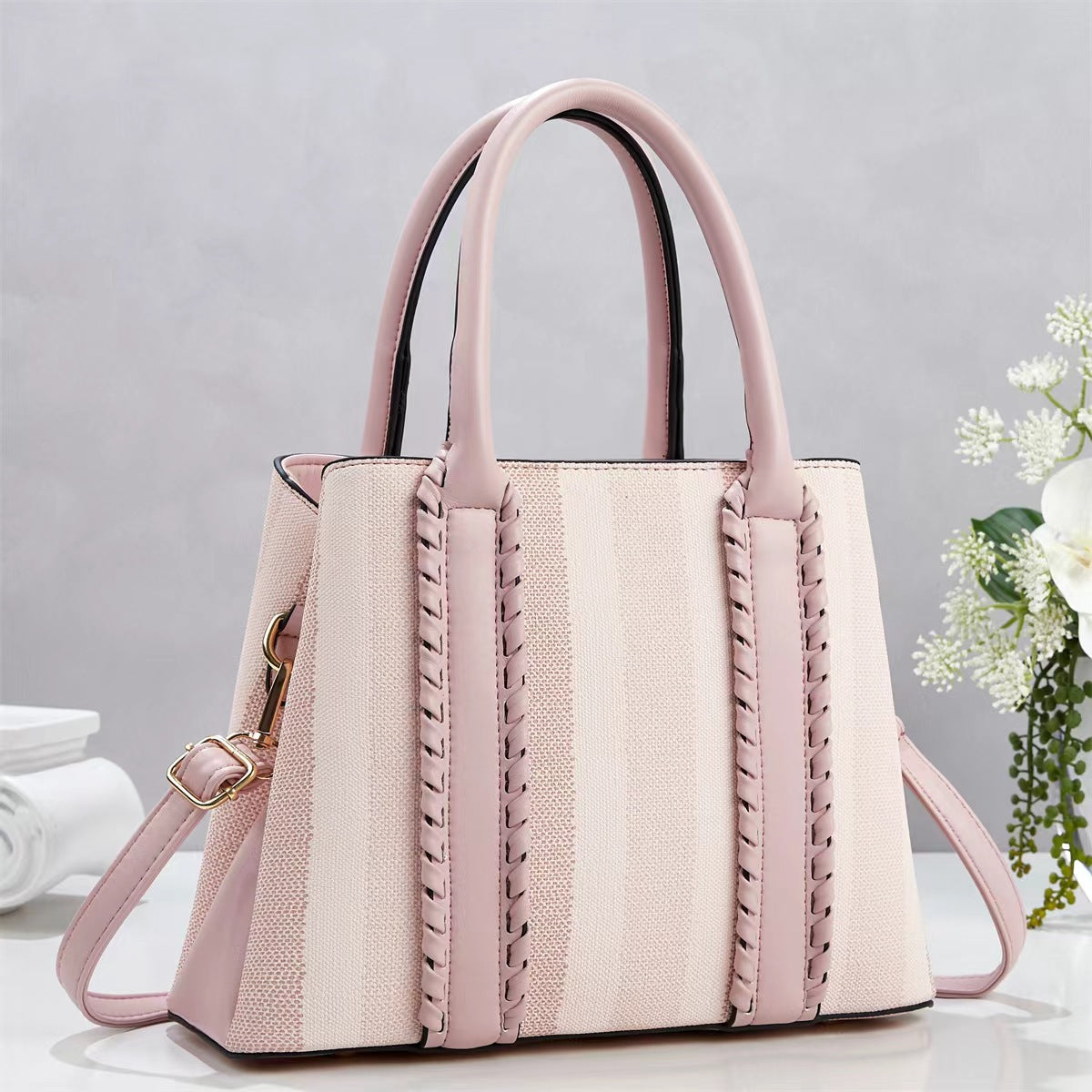 European 2-Piece Handbag Set With Contrasting Trim & Matching Pouch Pink