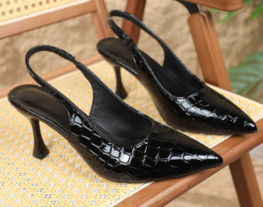 Casual Black Crocodile Patent Slingback Heels