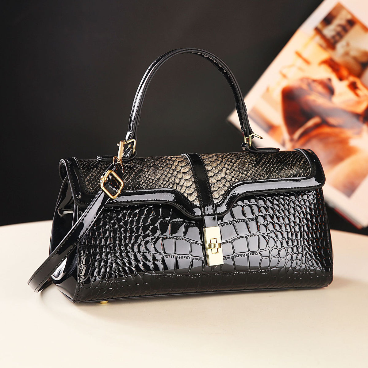 Glossy Crocodile Pattern Boston Bag