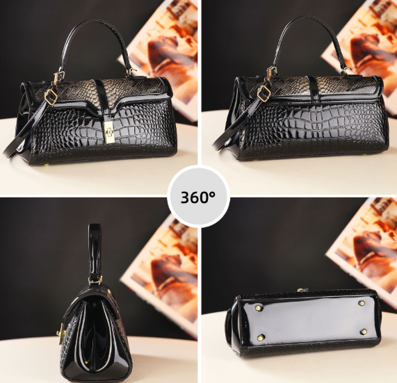 Glossy Crocodile Pattern Boston Bag