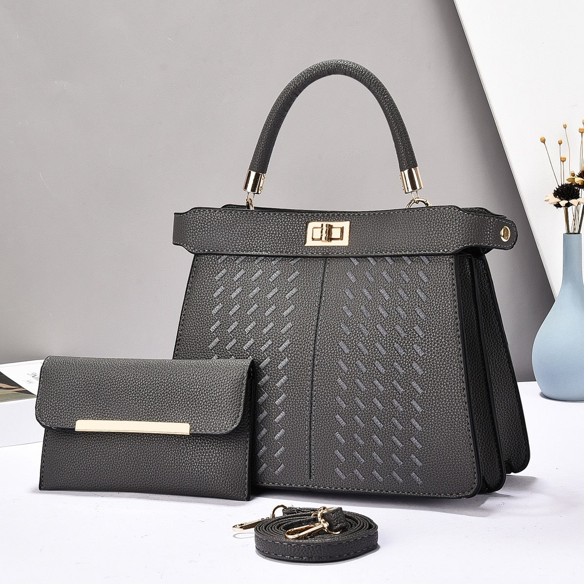 Dezia Large Mother & Child Handbag Set Dark Gray