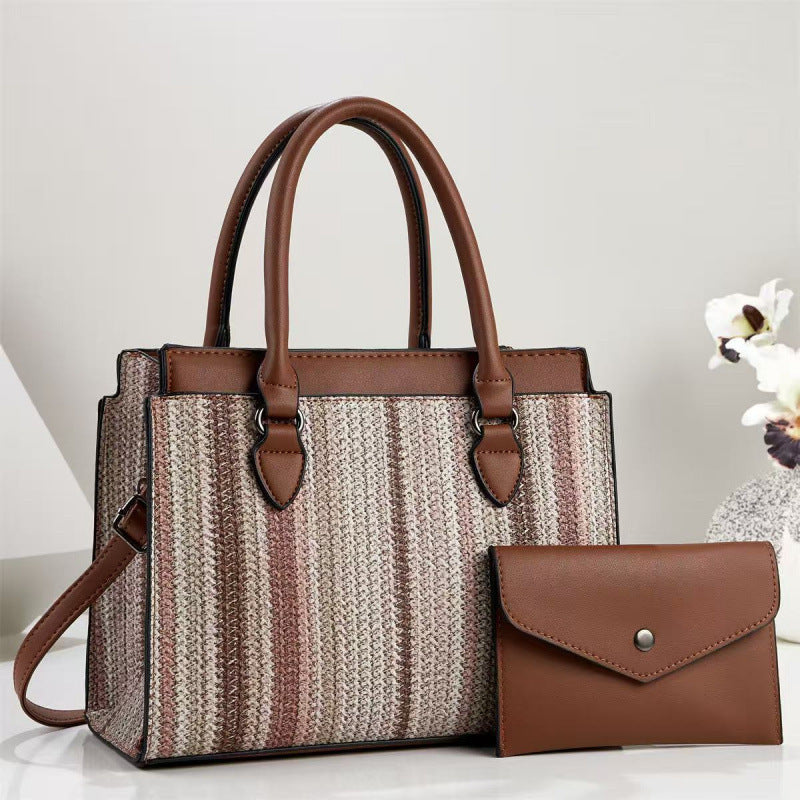 Elegant Woven Striped Fabric Large 2-Piece Handbag Set Brown