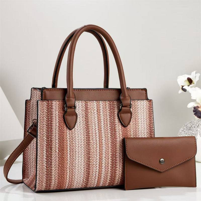 Elegant Woven Striped Fabric Large 2-Piece Handbag Set Pink