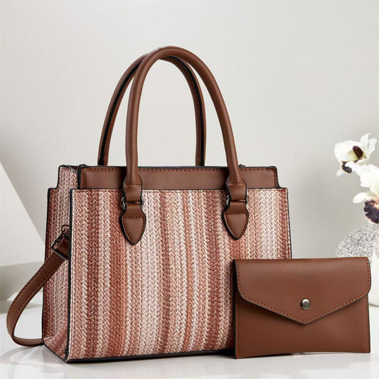 Elegant Woven Striped Fabric Large 2-Piece Handbag Set Pink