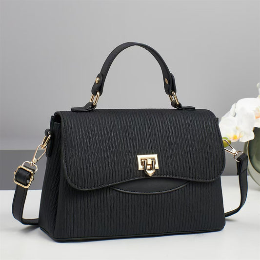 Elegant Medium Handbag With Gold Lock & Contrast Flap Black