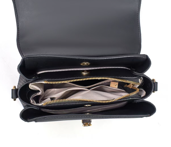Elegant Medium Handbag With Gold Lock & Contrast Flap Brown