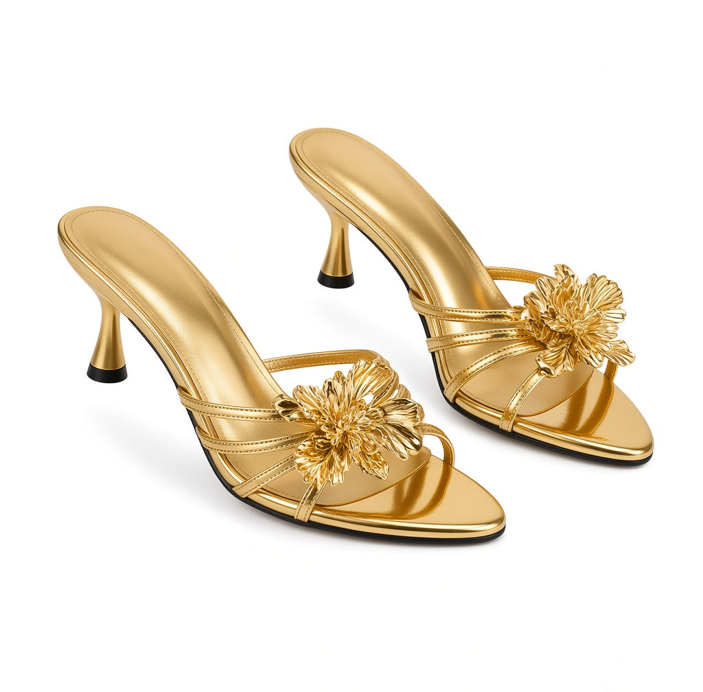 2025 New Stiletto Heels Black Sandals for Women Gold