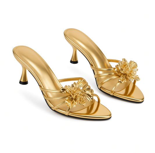 2025 New Stiletto Heels Black Sandals for Women Gold