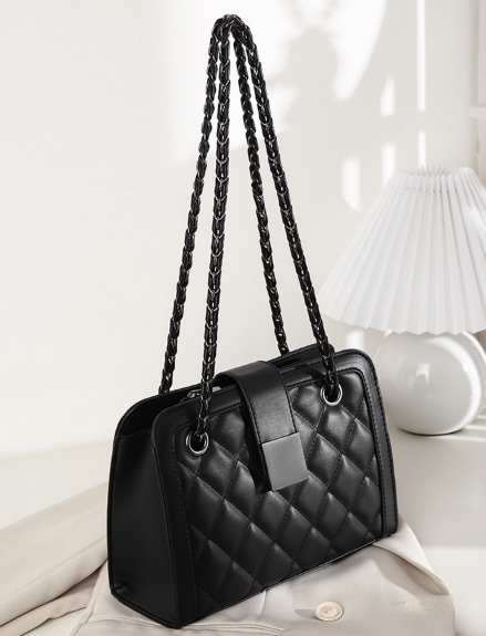 Elegant Medium White Diamond Quilted Bag Black