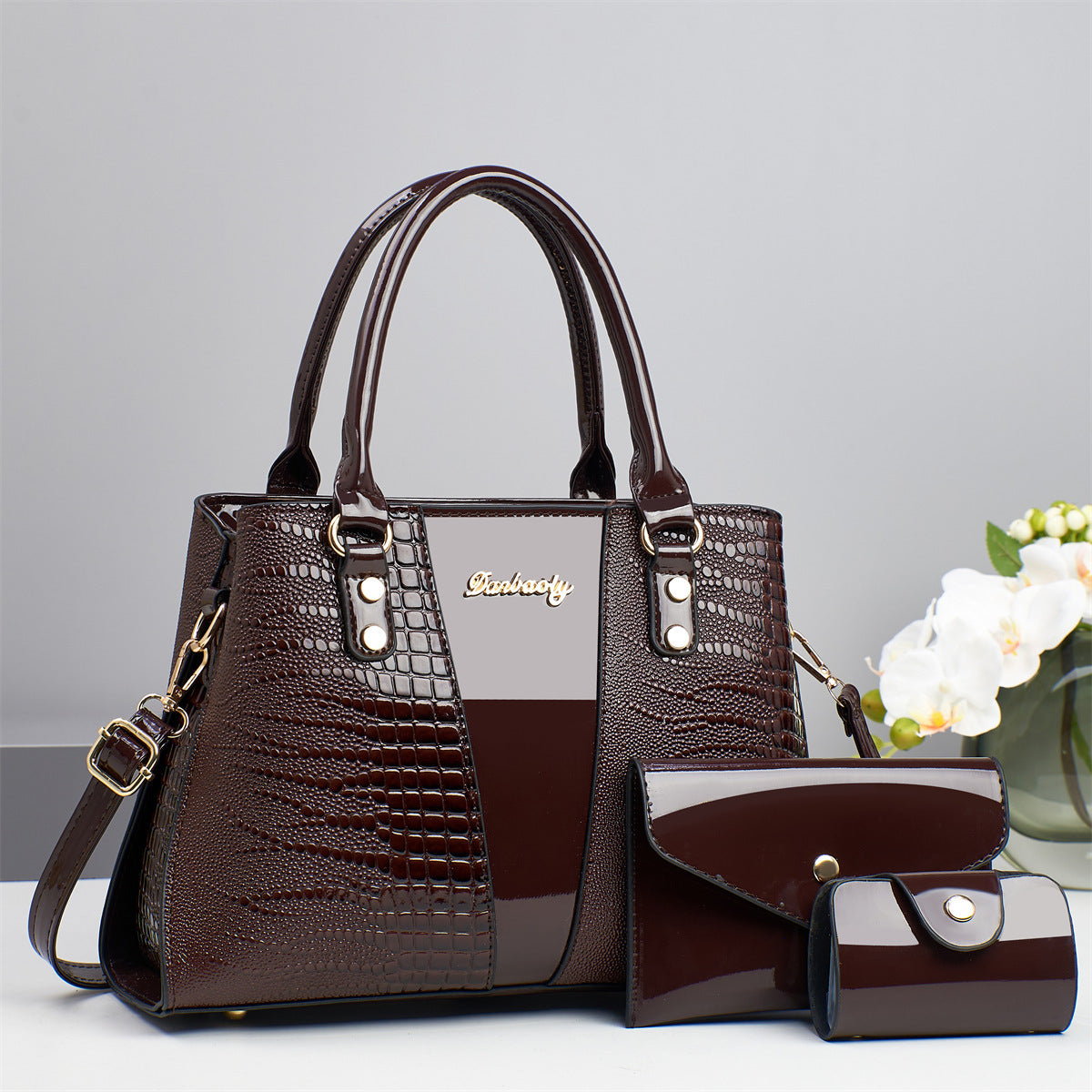 Women's Crocodile Pattern Three Piece Handbag Brown