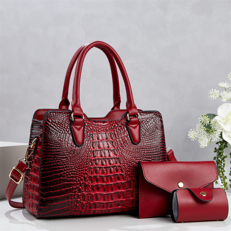 Trend Large Crocodile Pattern Handbag Set With Detachable Strap Red