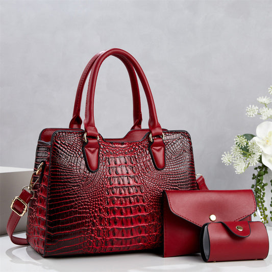 Trend Large Crocodile Pattern Handbag Set With Detachable Strap Red