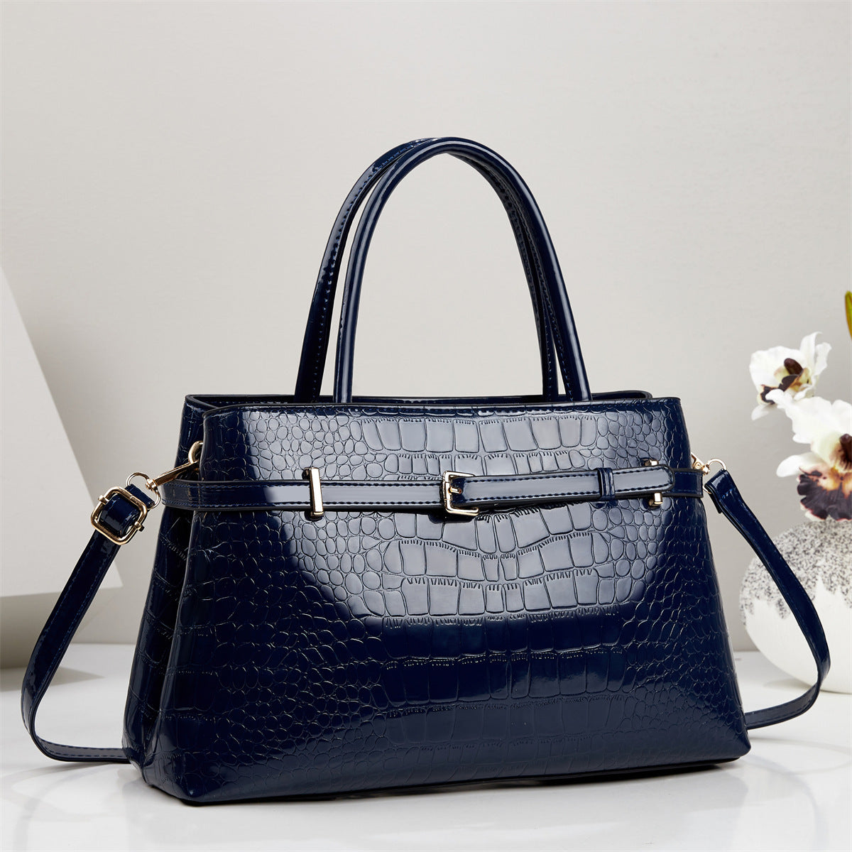 Large Glossy Crocodile Pattern Crossbody Handbag Blue