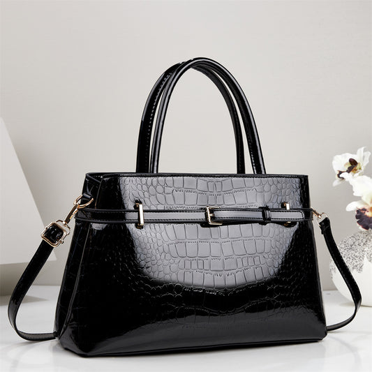 Large Glossy Crocodile Pattern Crossbody Handbag Black
