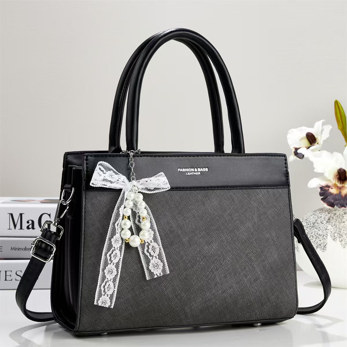 Daiziya Elegant Large Shoulder With Lace Pearl Bow Charm & Detachable Strap Black