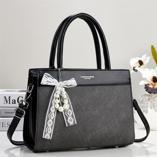 Daiziya Elegant Large Shoulder With Lace Pearl Bow Charm & Detachable Strap Black