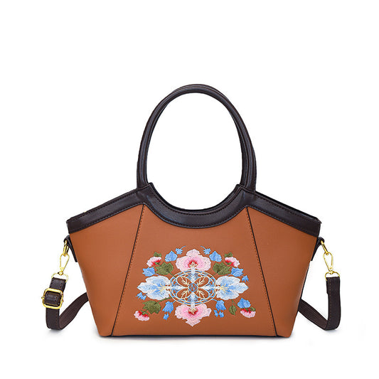 Elegant Medium Embroidered Shoulder Crossbody Bag Brown