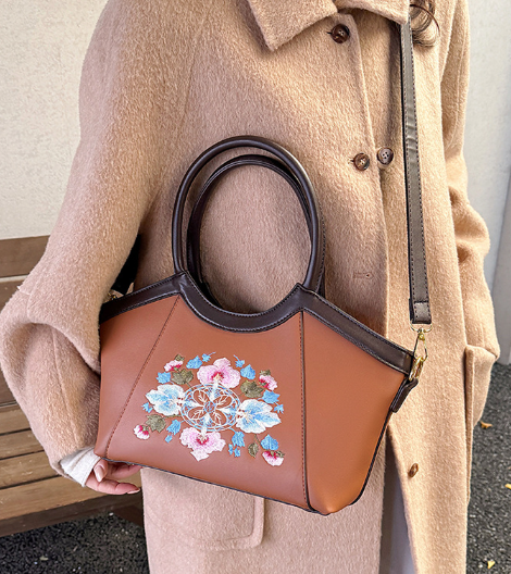 Elegant Medium Embroidered Shoulder Crossbody Bag Brown