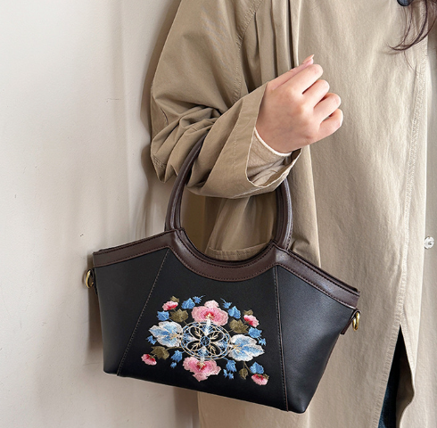 Elegant Medium Embroidered Shoulder Crossbody Bag Black