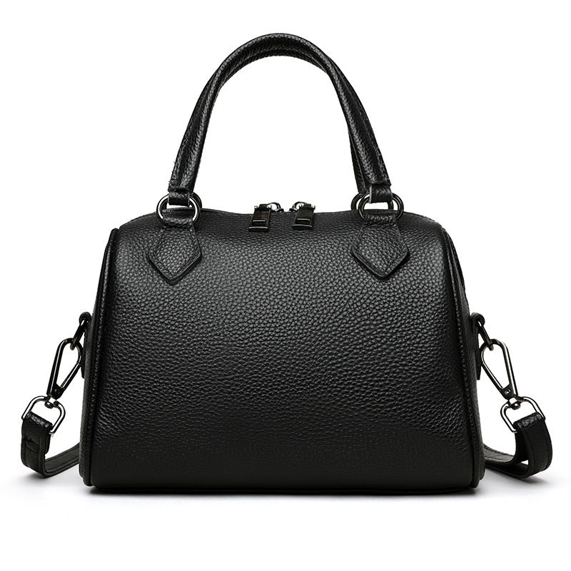 Elegant Small Black Pebbled Leather Boston Bag