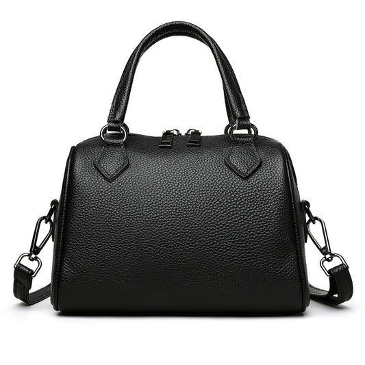 Elegant Small Black Pebbled Leather Boston Bag