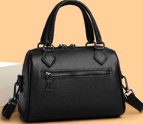 Elegant Small Black Pebbled Leather Boston Bag