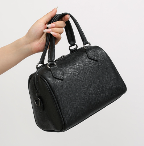 Elegant Small Black Pebbled Leather Boston Bag