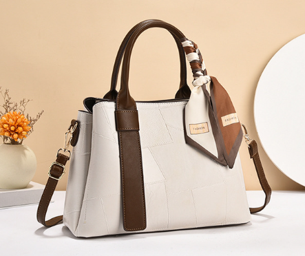 Elegant Large Brown Patchwork Tote Bag White