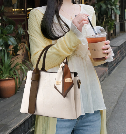 Elegant Large Brown Patchwork Tote Bag White
