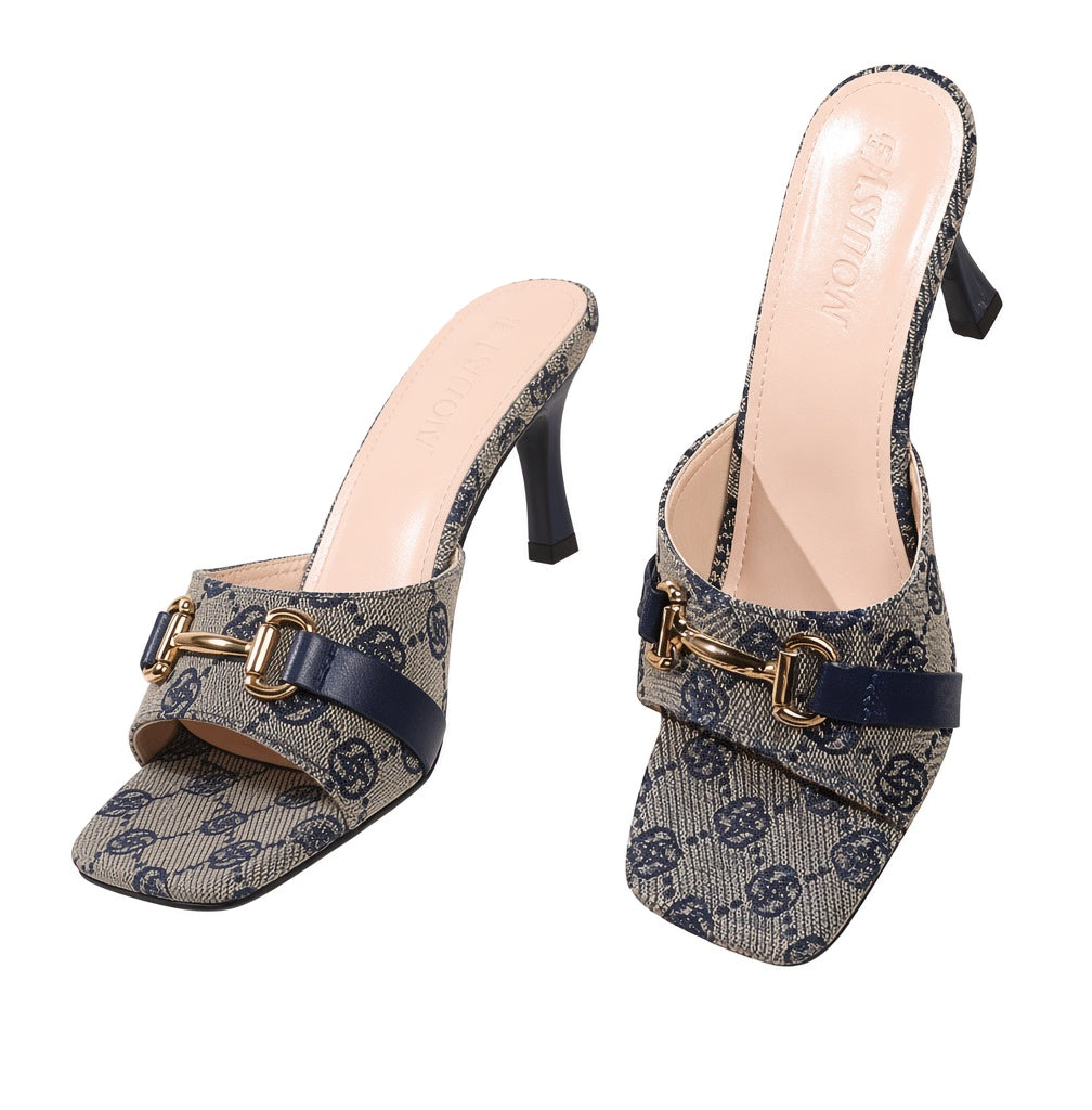 2026 European & American Style Square Toe High Heel Slippers for Women – Summer Fashion Metal Horse-Buckle Stiletto Sandals Blue