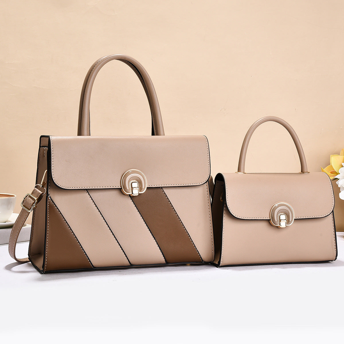 2026 Trendy Elegant Large 2-Piece Handbag Set Khaki