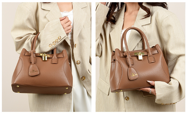Women's Luxury Brown Top-Handle Satchel with Padlock Khaki