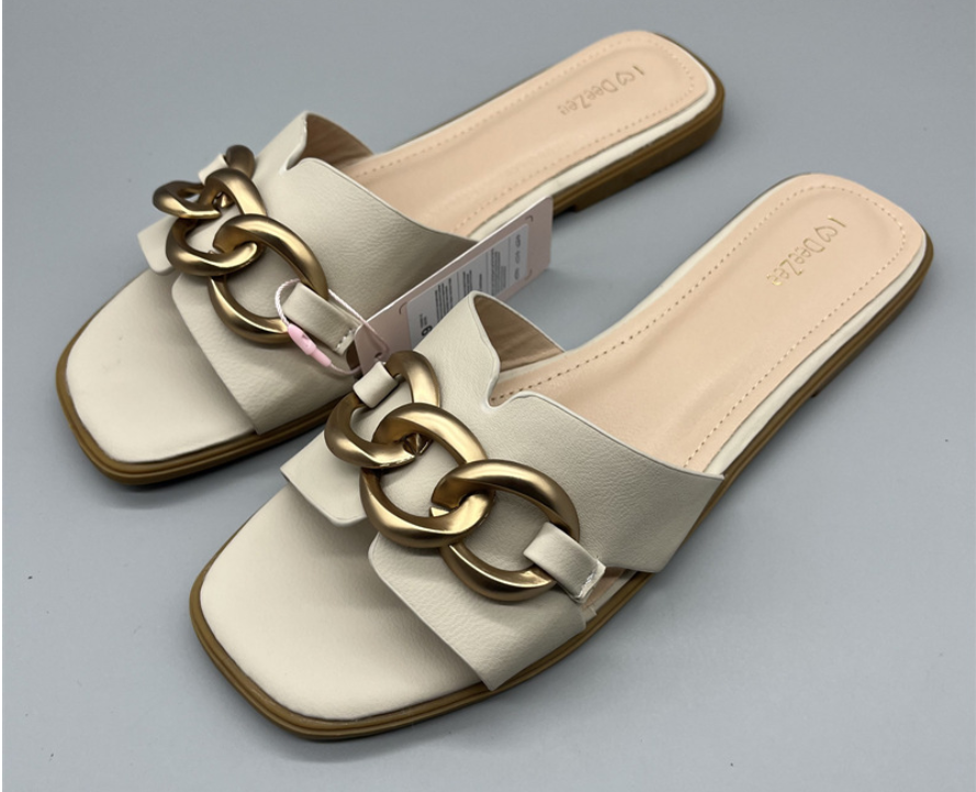 Women’s Square Toe Chain Sandals – 2025 Summer Open Toe Flat Half Slippers, Fairy Style Outdoor Beach Shoes