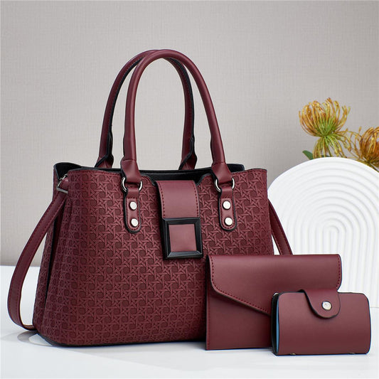 2026 Diamond Embossed Three-Piece Women's Bag Set – Large Capacity Textured Cross-border Shoulder & Diagonal Crossbody, Solid Color